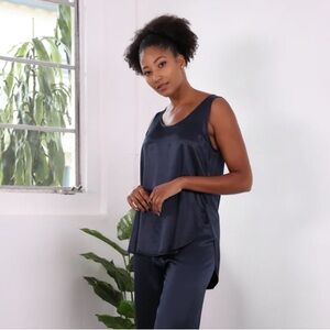 PJ Harlow Satin High/Low Cami Side Slits Navy